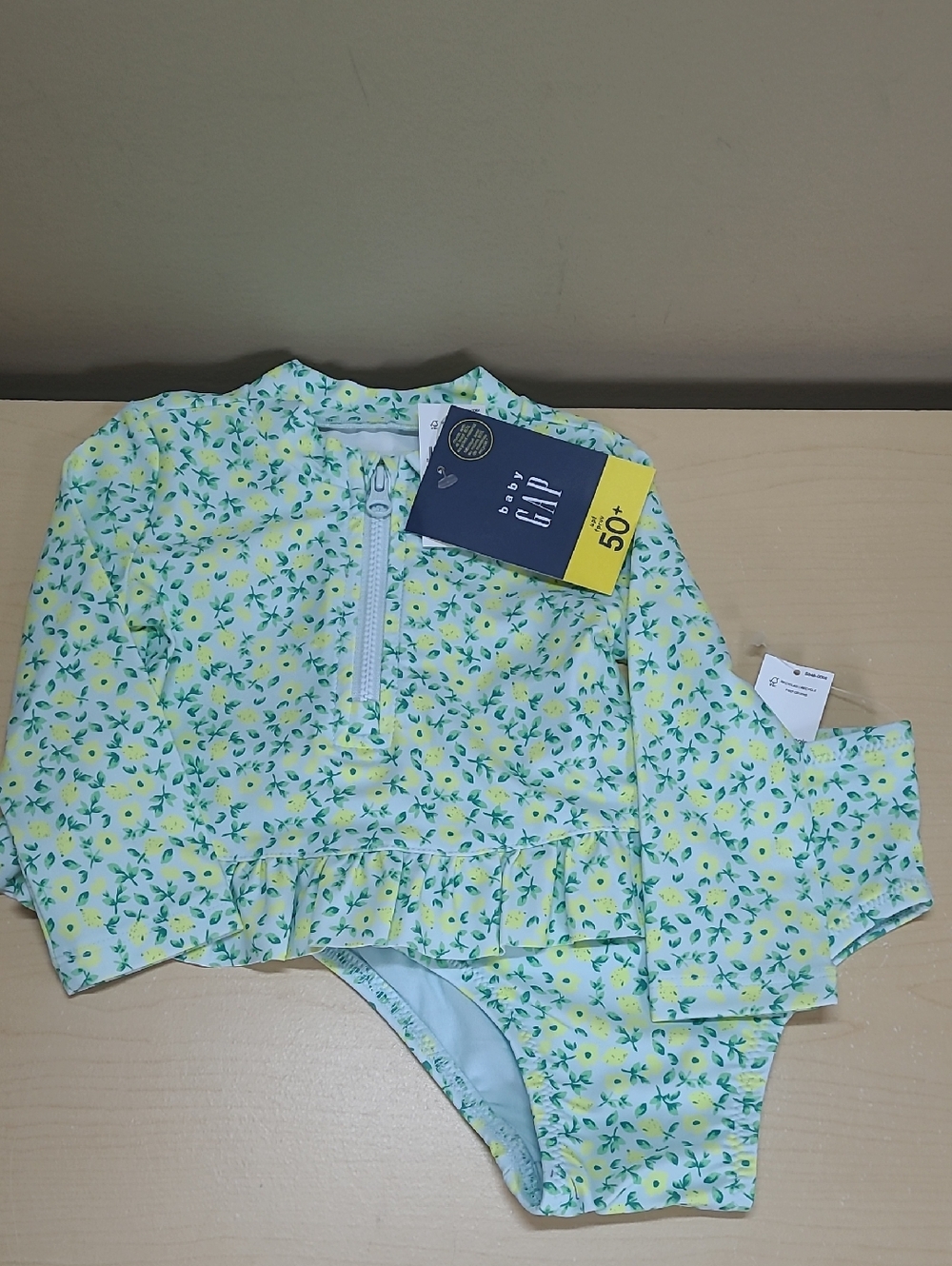 GAP Baby Floral Rash Guard 2 Piece Set - Blue/Yellow/Green 6-12 Months UPF 50+